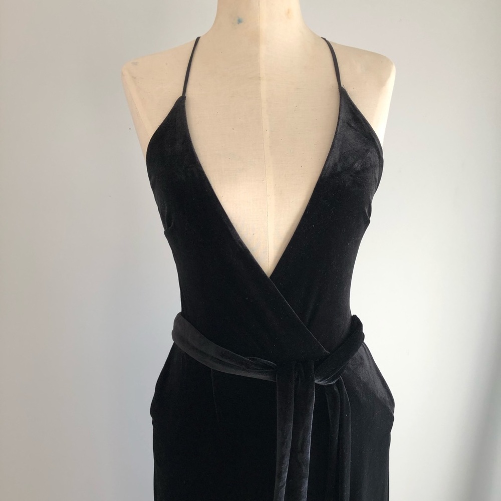 Deep V neck velvet jumpsuit